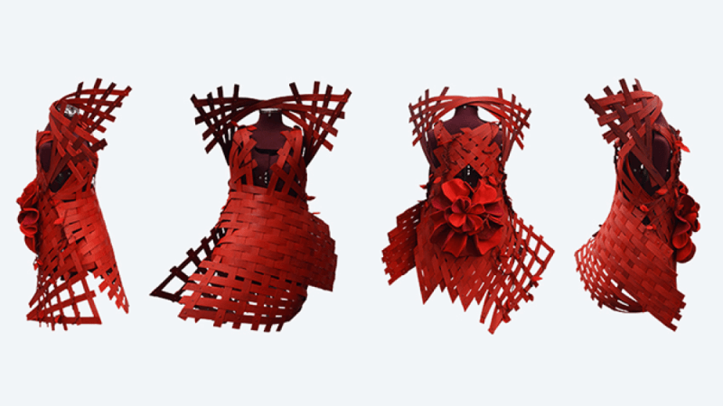 A red dress made out of wood strips.