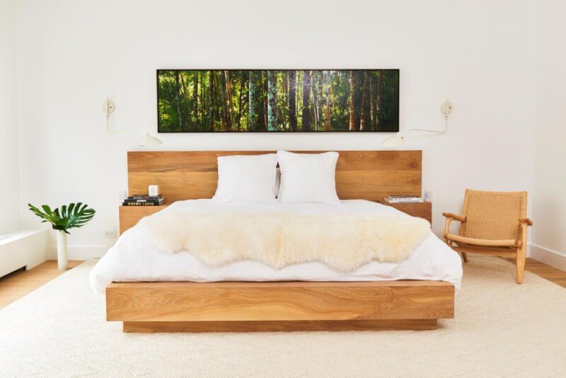 This white oak bed was finished to match the floors through this TriBeCa apartment.