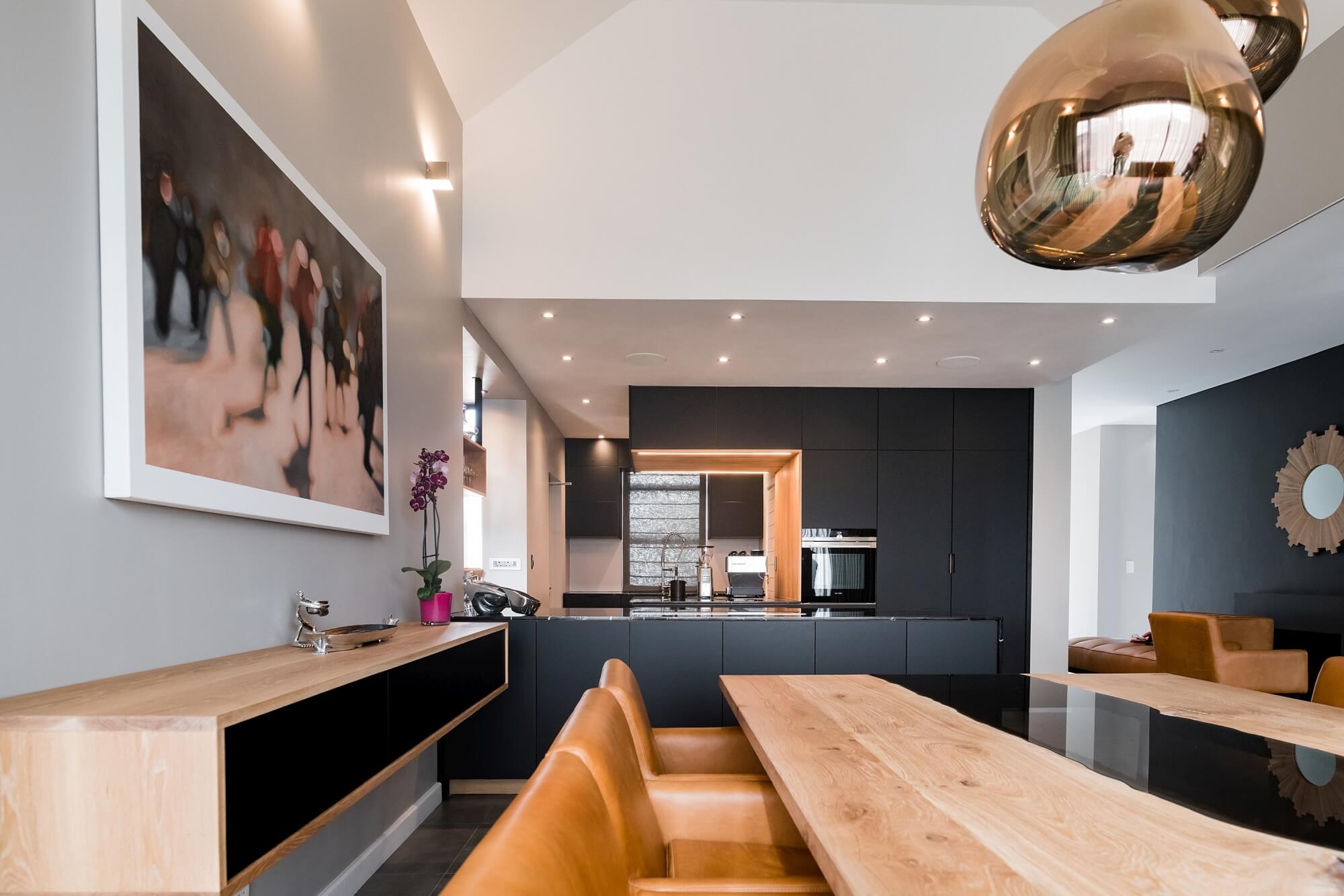 Hardwood table and matching floating credenza.