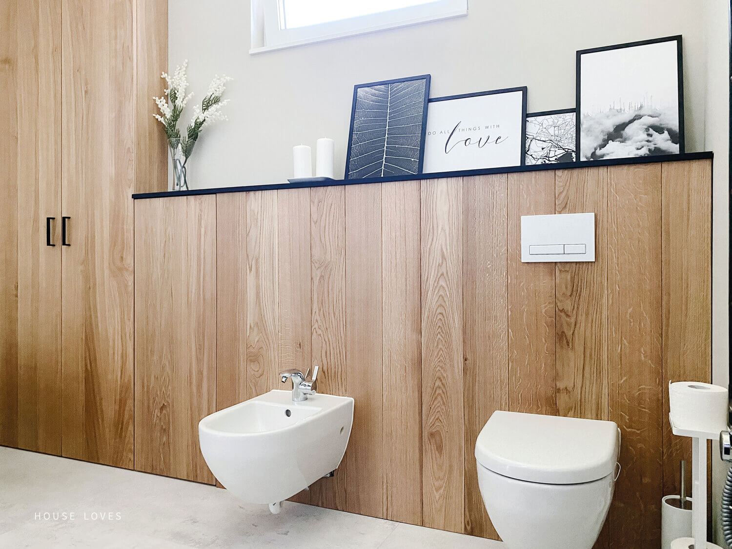 Wood veneer panels in a bathroom.