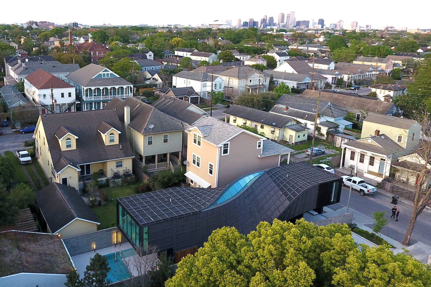 Aerial view of J-House with Shou Sugi Bahn wood siding.