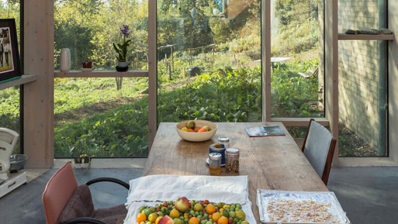 Food safe finish on a dining table with food placed on it.