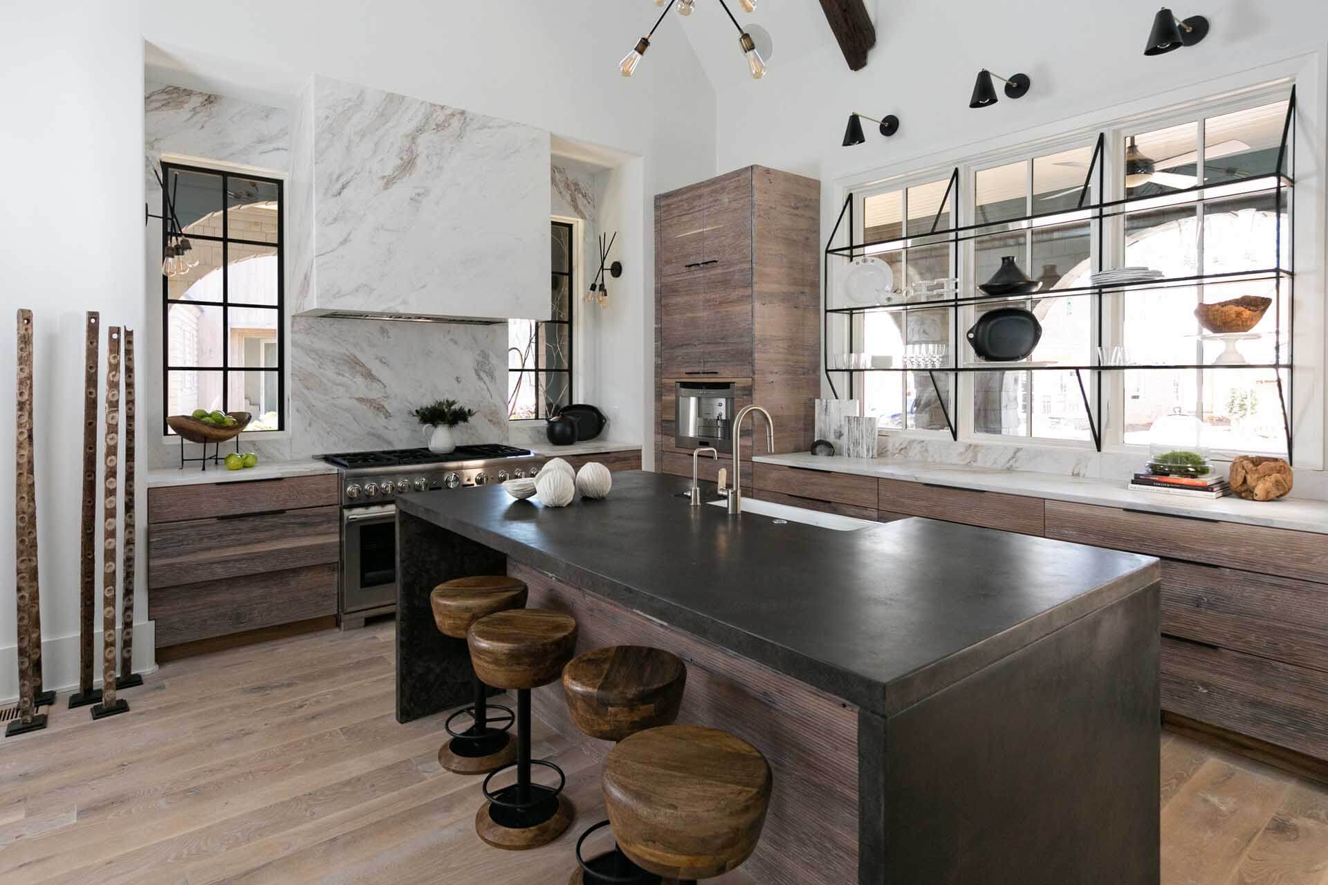 A modern earthy kitchen with hardwood flooring and wood cabinetry that is finished with Rubio Monocoat wood finish.