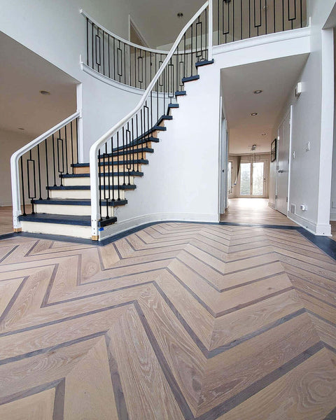 Chevron wood floors finished with environmentally friendly hardwax oil wood finish.