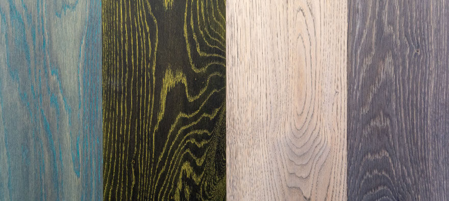 Four different cerused wood looks created using Rubio Monocoat finishing products