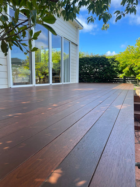 A wood deck finished using DuroGrit in the color "Steppe Look", an extremely durable exterior wood finish for any wood project or species.