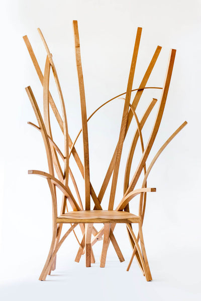 An abstract chair made from European oak finished with Rubio Monocoat Pure. 