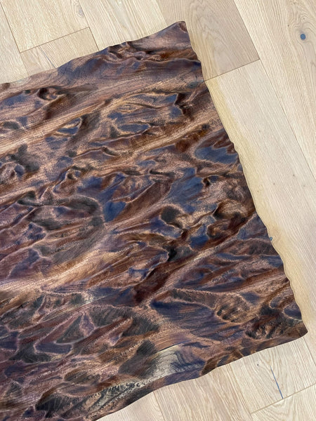 Part of a topographic map made from walnut that depicts the Canadian Rocky Mountains. 