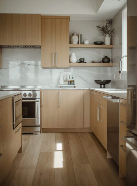 A modern, custom white oak kitchen finished with Rubio Monocoat Oil Plus 2C hardwax oil wood finish.