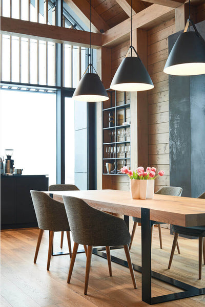 Dining room with oak hardwood floors and table.