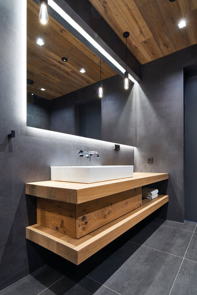 Oak wood bathroom vanity.