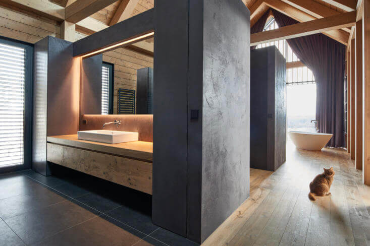 Master bedroom and bathroom with open concept, wood flooring, and vaulted ceiling.